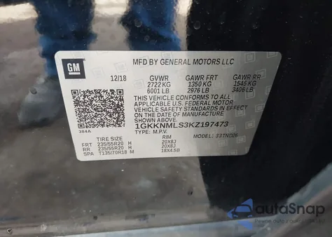 2019 GMC Acadia Slt-1 from USA, damaged, VIN 1GKKNMLS3KZ197473